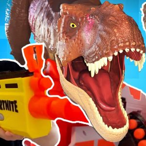 NERF WAR: Giant Lego Dinosaur Challenge Jurassic World Biggest Dinosaur Nerf Battle