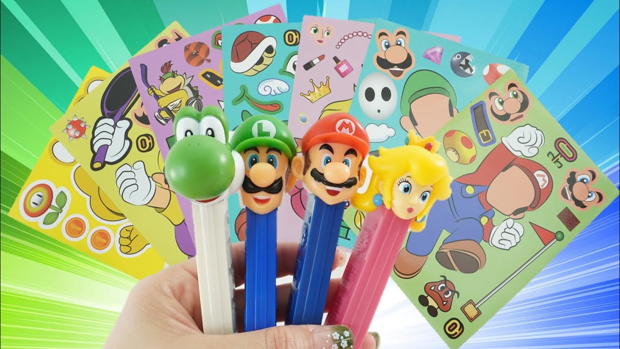 Super Mario PEZ Candy Dispenser and Make a Funny Face Sticker Poster Activity