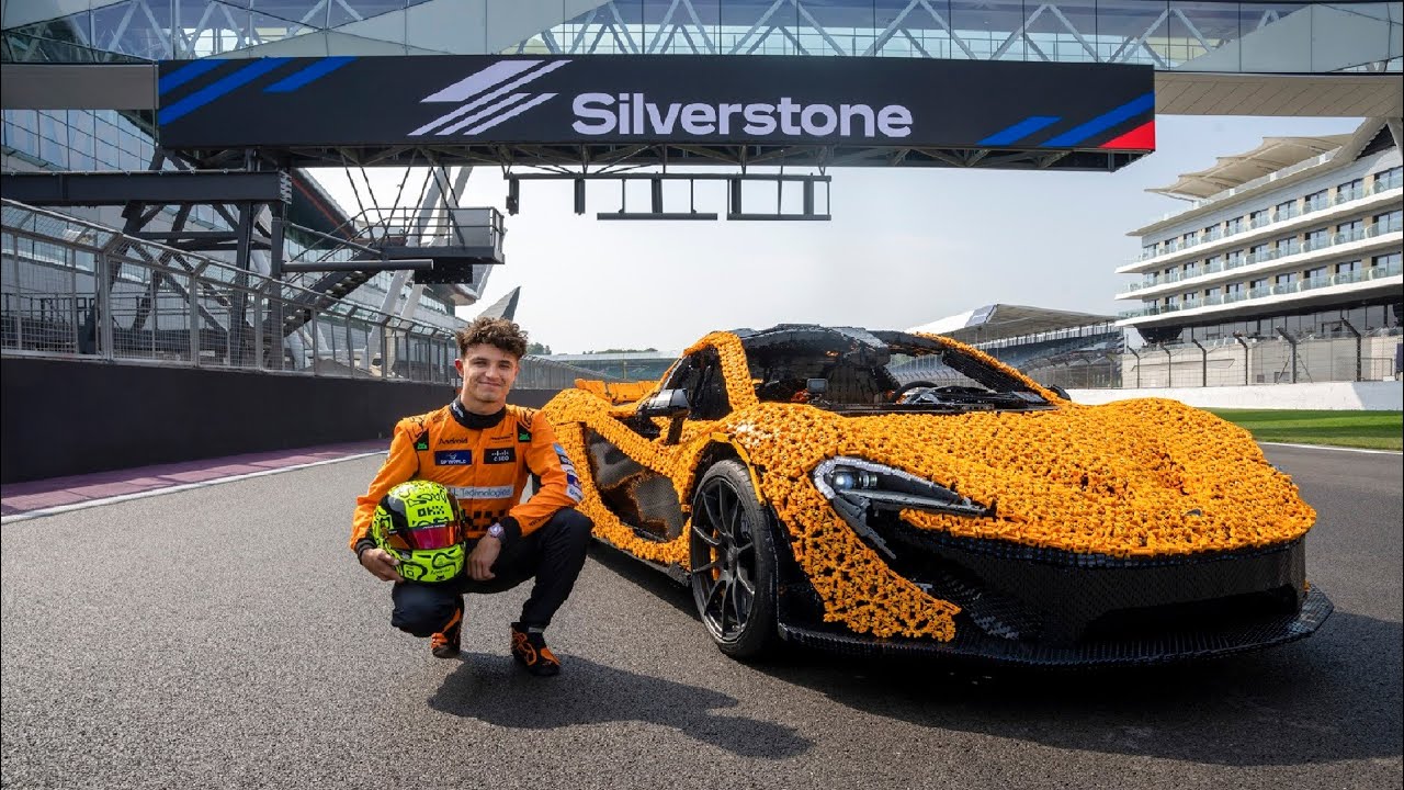 Lando Norris drives a real life sized LEGO McLaren P1 on the Silverstone Circuit